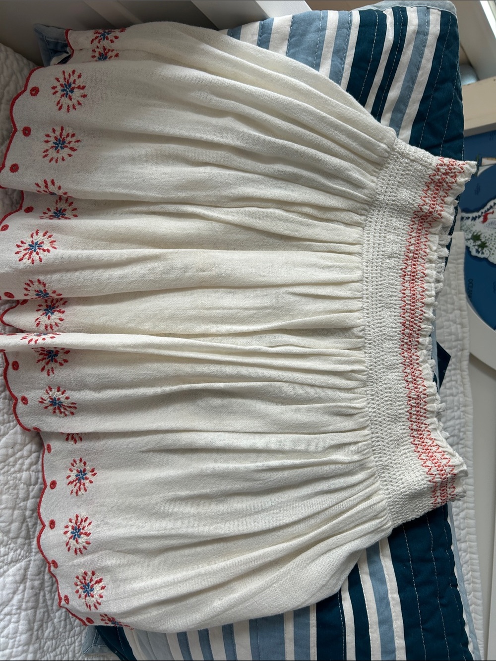 White Embroidered Midi Skirt with Red Accent
